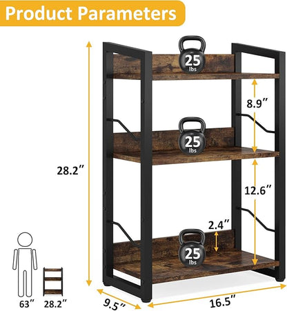 Book Shelf Small Bookshelf: 3-Tier Wood Bookcase Industrial Bookshelf with Edge Protection Metal Narrow Bookshelves Storage Organizer Display Rack for Bedroom Home Office (Rustic Brown)