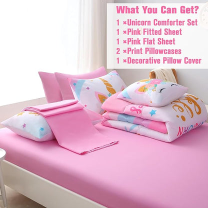 JQinHome Unicorn Queen Bedding Sets for Girls Kids,8 Piece Bed in A Bag 3D Colorful Flower Girl Unicorn Comforter Set with Sheet Set(Sparkle)