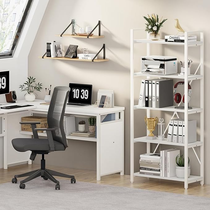 FATORRI 5 Tier Bookshelf, Metal and Wood Bookcase, Etagere Book Shelf for Display, Modern Shelving Unit Tall Book case for Home Office, Living Room, Bedroom (White Oak)