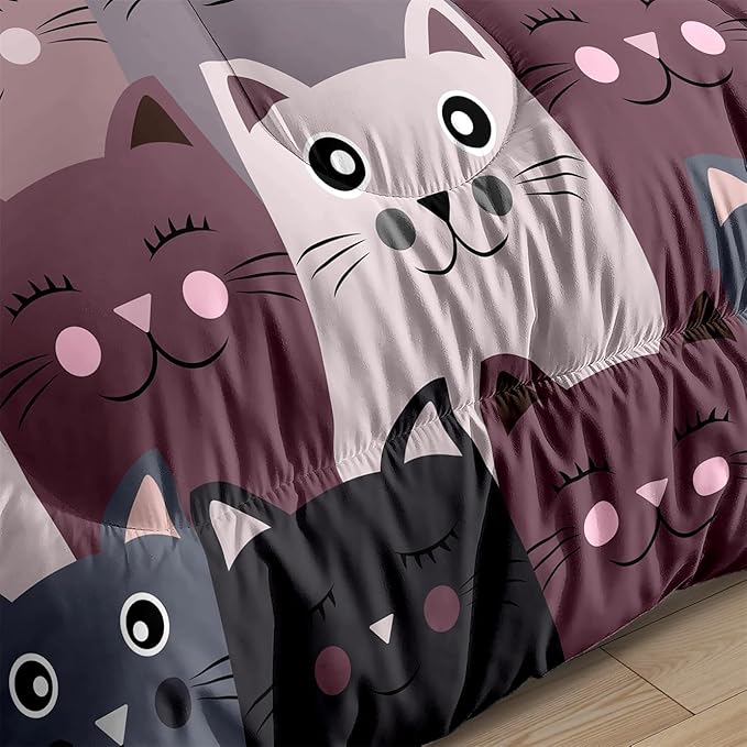 Cat Comforter Set Full Size - 3Pcs Grey Cat Bedding Set for Boys Girls Teens Cute Animals Themed Bedding Set Warm Ultra Soft Cartoon Cat Quilt Cover with 2 Pillowcases for Kids Room Decor