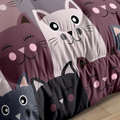 Cat Twin Comforter Set for Bedroom - 2Pcs Grey Cat Comforter Set for Teens Kids Cute Cartoon Cat Bedding Set Ultra Soft Warm Lightweight Kawaii Animal Patterns Comforter with Pillowcase