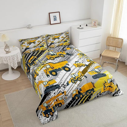 Boys Construction Comforter Set Truck Bedroom Decor for Kids Girls Under Construction Vehicles Down Comforter Nursery Children Cartoon Machinery Truck Excavator Bedding Tractor Cars Duvet Quilt,Full
