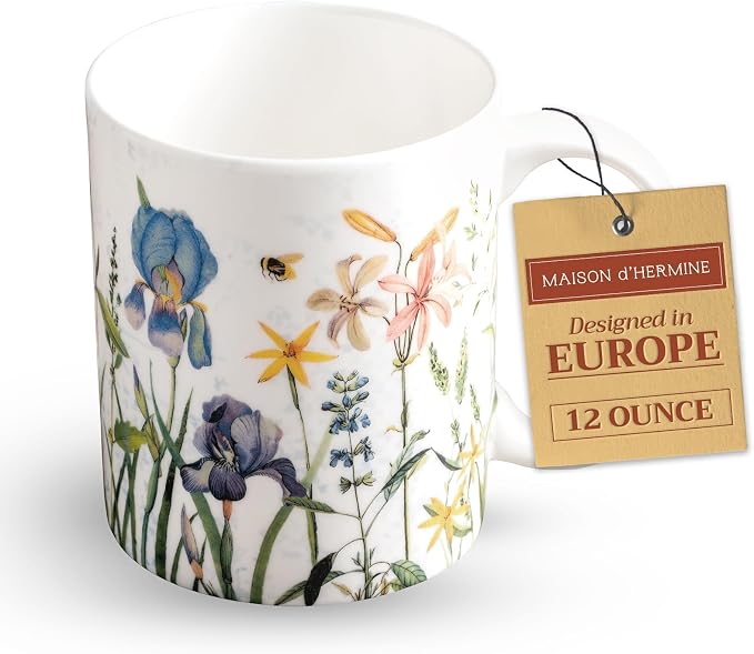 Maison d' Hermine Coffee Mug with Handles Tea Cups (12 Ounce, Pack of 1) | Fine Bone China Coffee Mugs for Hot Beverages Cappuccino Latte Home Restaurant Hotel Spring Summer -Fleurs De Mai - Floral