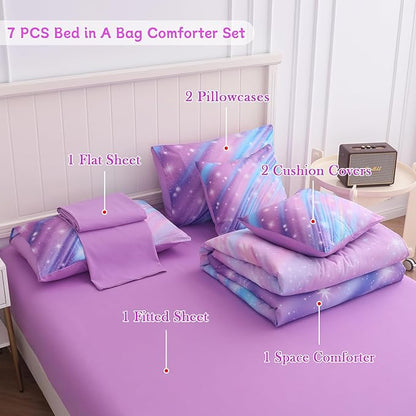 Full Size Bedding Sets Kids Bedding Sets for Girls,Galaxy Bedding 7pieces Glitter Pink Comforter Colorful Comforter Full Size Comforter Sets for Teen Girls(Twill Rainbow)