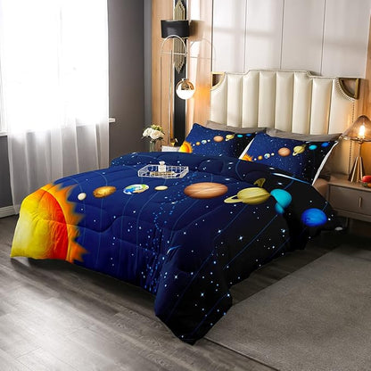 Erosebridal Boys Outer Space Bedding Set, Kids Galaxy Nebula Comforter Set Queen Size, Starry Sky Cosmos Down Comforter for Children Girls, Solar System Starry Landscape Quilted Duvet, Blue Purple