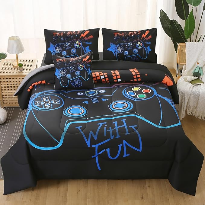6Pcs Game Console Comforter Set with Sheets for Boys Girls Kids Teens, Geometric Gaming Themed Bed in A Bag Full Size, 3D Video Gamer Controller Bedroom Decor Bedding Set(Blue)