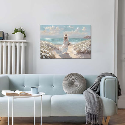cozy country Beach Wall Art 36"x24" - Coastal Pictures Ocean Canvas Decor - Nautical Artwork Seascape Hand Painting for Girls Room, Sea House