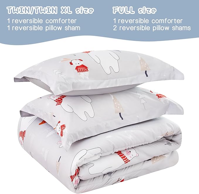 Kids Christmas Comforter Set Twin for Boys Girls, Cute Reversible Quilted Bear Snowmen Reindeer Bunny Printed Bedding Set with Pillow Sham, Lightweight Soft Breathable Washable Bed Set 2 Piece