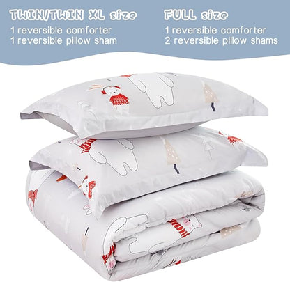 Kids Christmas Comforter Set Twin for Boys Girls, Cute Reversible Quilted Bear Snowmen Reindeer Bunny Printed Bedding Set with Pillow Sham, Lightweight Soft Breathable Washable Bed Set 2 Piece
