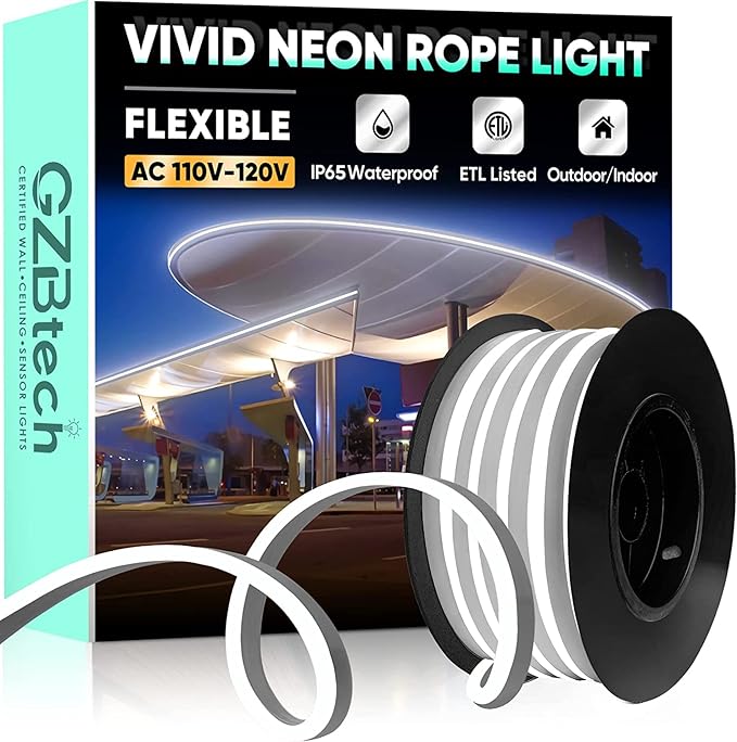 GZBtech Flexible LED Neon Rope Lights 16.4FT,AC 110-120V Waterproof Strip Light, 120 LEDs/M Cuttable Connectable Neon Lighting for Indoor Outdoor Home Decor/Commercial Building Use-Cold White 5M