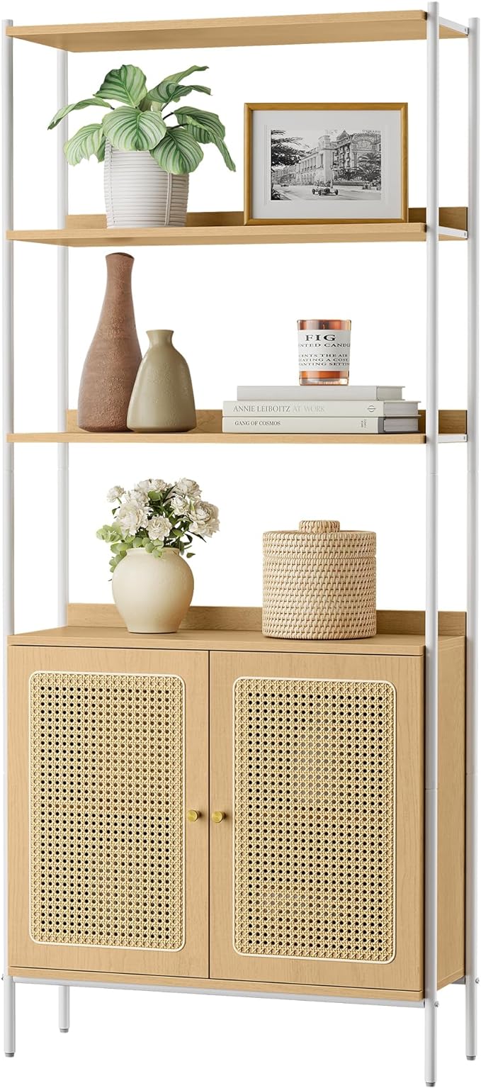 VASAGLE 6-Tier Bookcase, Bookshelf with Rattan-Like Door, Boho Style, Freestanding 30.1-Inch Wide Storage Shelf, Metal Frame, Adjustable Shelf, for Living Room, Oak Beige and Pearl White ULLS124W57