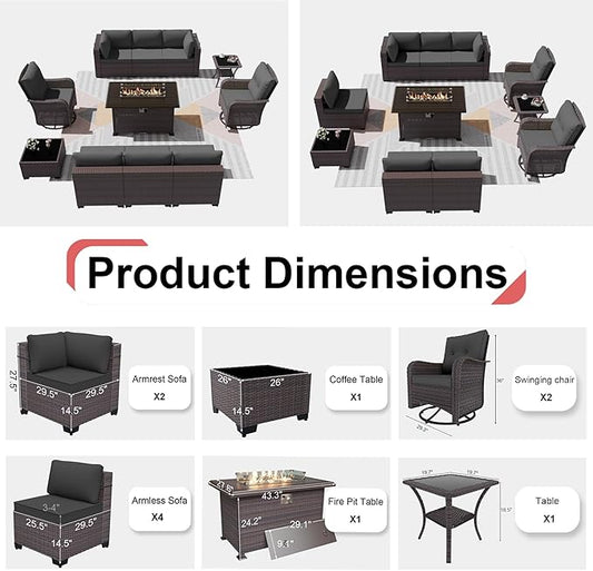 Patio Furniture Sectional Sofa Set 11-Pieces PE Rattan Swivel Rocking Chairs Patio Conversation Set w/43in Gas Fire Pit Table, Outdoor Furniture with 55000 BTU Propane Fire Pit, Grey
