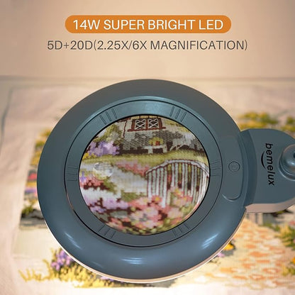 Bifocals Magnifying Desk Lamp with Clamp, 5 Diopter with 20 Diopter, 6 Inch Detachable Lens and 120PCS LEDs, 3 Color Modes 1200 Lumens Swivel Arm Magnifying Lamp with Light for Crafts