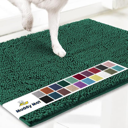 Muddy Mat® Shown on TV – Super Absorbent Microfiber Dog Door Mat for Muddy Paws, Non-Slip Washable Pet Rug, Quick Dry Chenille Entryway Carpet, Machine Washable Indoor Outdoor mat, Dark Green 35"x24"