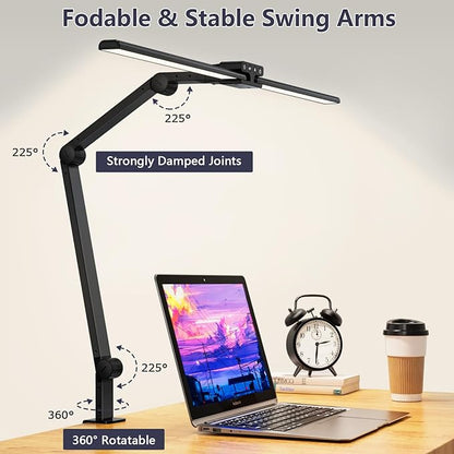 KableRika Desk Lamp,Double Head Desk Lamp with Clamp,24W Led Desk Lights for Home Office Ultra Bright Architect Table Lamp 4 Brightness 4 Color,Auto Dimming Task Lamp for Monitor Work Study