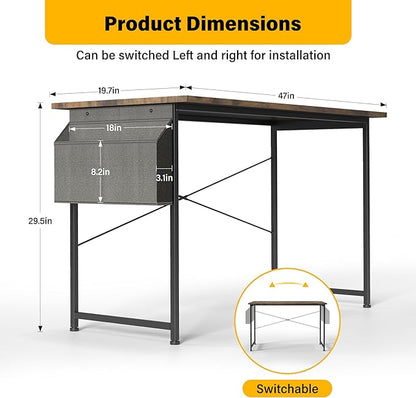 HealSmart 47 Inch Computer Desk Home Writing Study Worktable with Storage Bag for Bedroom, Office, Apartment, Brown