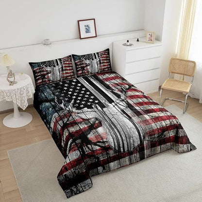 Feelyou American Flag Deer Antlers Bedding Set Hunting Camping Comforter Set for Kids Boys Girls USA Flag Comforter Tree Branch Inner Fill Duvet Set 1 Comforter Set with 2 Pillowcases Queen Size
