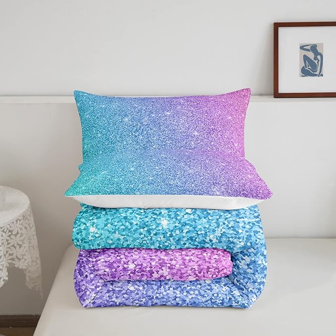 Colorful Glitter Bedding Twin Girly Turquoise Teal Blue Pink Pastel Girls Comforter Set 2 Pcs Trendy Quilt Duvet for Kid Women Down Comforter with Sparkle Sequin Pattern Bling Bedroom Decor Bed Cover