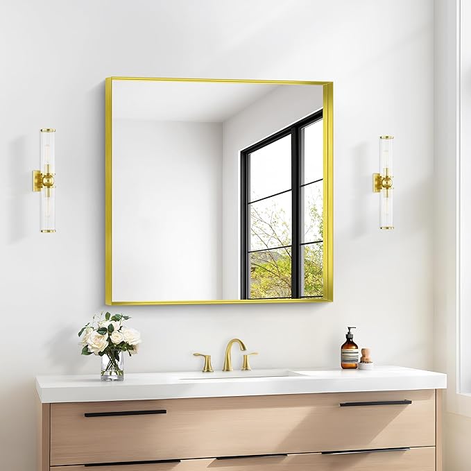 Gold Bathroom Mirror, 30x30 Inch Rectangular Framed Mirror, Large Wall Mounted Bathroom Vanity Mirror Over Sink for Bedroom,Restroom, Living Room, Hangs Vertically or Horizontally
