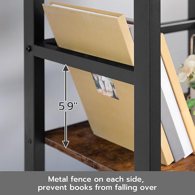 HOOBRO 3 Tier Bookshelf, Narrow Bookshelf, Record Storage Rack with Side Fence, Wooden Free-Standing Shelf Units, Narrow Display Shelf for Living Room, Bedroom, Classroom, Rustic Brown BF80CJ01
