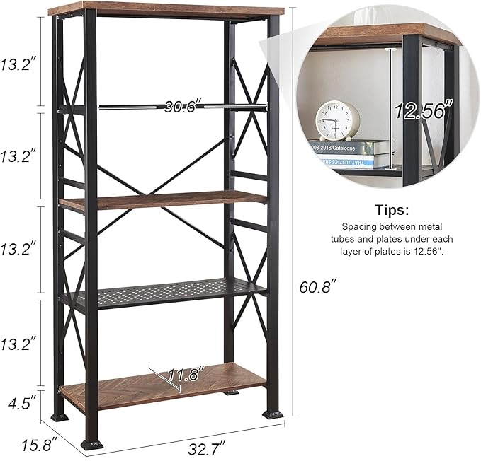 HOMBAZAAR Bookshelf, 5-Tier Industrial Bookshelf, Etagere Bookcases and Bookshelves, Tall Bookshelf Storage Organizer, Freestanding Bookshelf for Living Room, Bedroom and Home Office, Brown