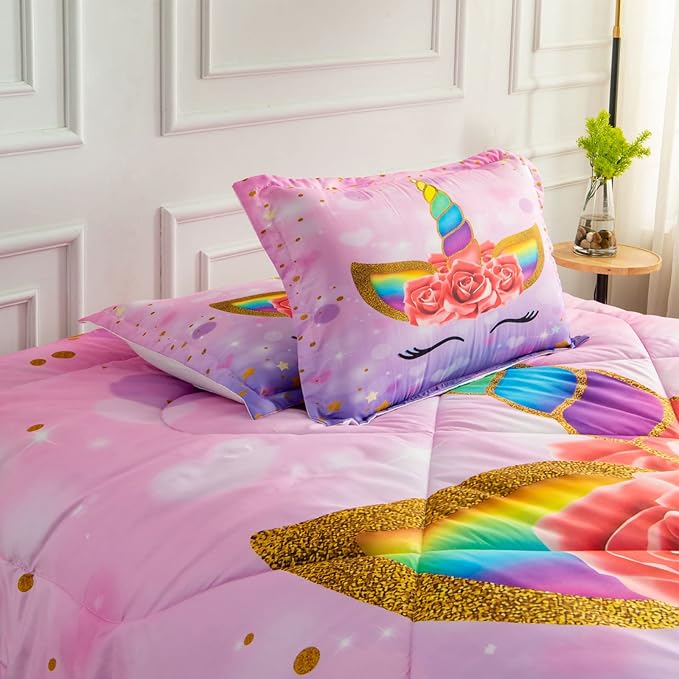 Unicorn Full Bedding Sets for Girls Kids Comforter Set Full Size with 2 Pillowcases Purple Unicorn Room Decor for Girls Bedroom Ultra Soft Machine Washable Toddler Bed Set