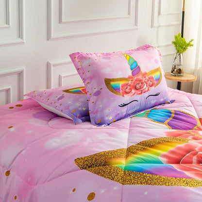 Unicorn Twin Bedding Sets for Girls Kids Comforter Set Twin Size with 2 Pillowcases Purple Unicorn Room Decor for Girls Bedroom Ultra Soft Machine Washable Toddler Bed Set