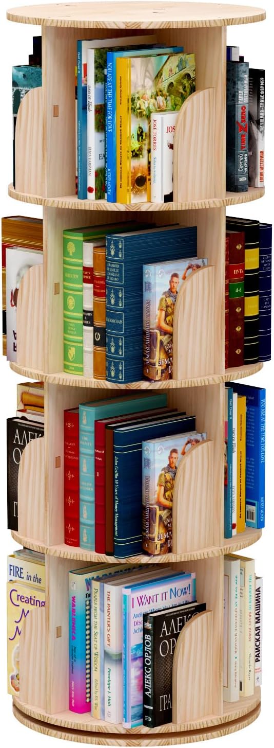 Rotating Bookshelf 360 Degrees, 4 Tier Stackable Solid Wood Bookshelf Organizer, Storage Display Rack Floor Standing Bookcase for Kids&Adults (51"x18"x18")…