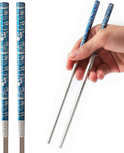 Hagary Blue Wave Chopsticks 5 Pairs Metal Chopsticks Reusable Designed In Korea Japanese Style Stainless Steel 316 18/10 Non-Slip Dishwasher Safe Laser Engraved