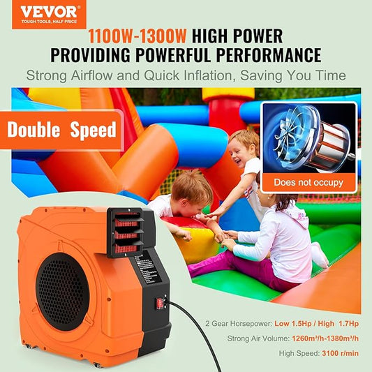 VEVOR Inflatable Blower, 1100W, 1.5 & 1.7 HP Bounce House Blower, Pump Commercial Air Blower for Inflatables, 3100 RPM Bouncy Castle Electric Fan for Bounce House, Waterslides
