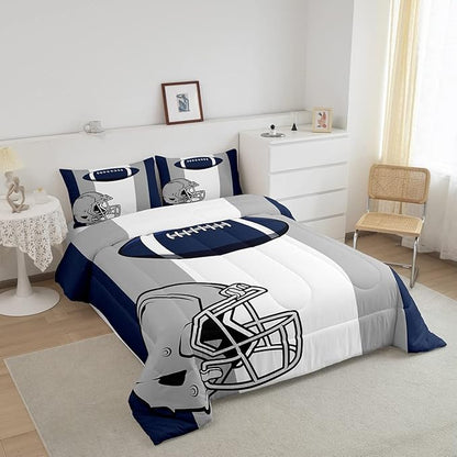 Feelyou Kids Football Comforter Set Full Size Rugby Sports Bedding Set for Boys Teens Decor Soccer Ball Game Comforter American Football Grey Blue Duvet Set Quilt 3Pcs Boys
