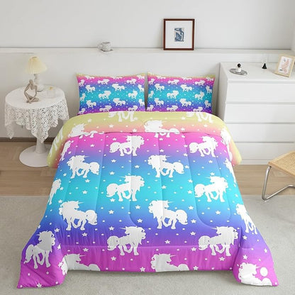 3 Piece Unicorn and Stars Bedding Set Full Size,Tie Dye Pastel Comforter Sets Rainbow Printed Duvet Sets for Kids Girls Teens,Girly Sweet Colorful Down Comforter Bedroom Decor with 2 Pillow Cases
