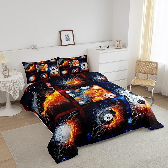 Sports Comforter Sets For Boys Queen,Teen Basketball Baseball Football Bedding Comforter Set For Men Volleyball Soccer Hockey Quilt Comforter,Red Blue Water And Fire Lightning Bed Duvet 2 Pillow Cases