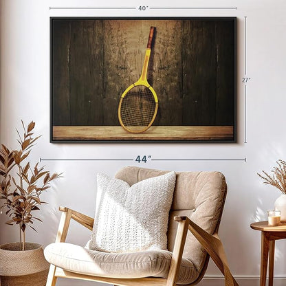 ElephantStock Vintage Tennis Racket Wall Art - Horizontal Framed Canvas - 1-Piece Living Room Wall Decor - Photography Sports Canvas Print - Brown and Black Decor for Wall - 40" X 27"