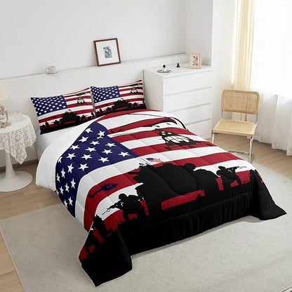 American Flag Comforter Set for Girls Kids Boys Men Soldier Rifle Helicopter Tank Bedding Set Red Blue Stars Stripes USA Flag Comforter Room Decor Army Guns Military Down Comforter King Size Boys