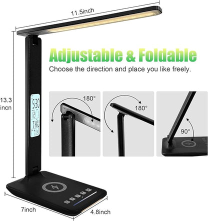 Desk Lamp with Wireless Charger, USB Charging Port, Dimmable Office Desk Light with Clock, Alarm, Date, Temperature, Foldable Lamp for Table Bedroom Bedside Office (Black Pro)