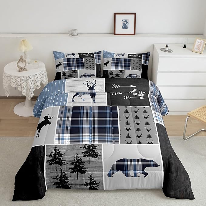 Rustic Adventure Kids Comforter Set King Size,Deer Bear Pine Trees Xmas Bedding Set for Boys Girls Adults Room Decor,Plaids Arrows Wooden Patchwork Down Comforter,Blue Duvet Insert,2 Pillowcases