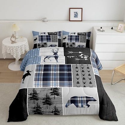 Rustic Adventure Kids Comforter Set Twin Size,Deer Bear Pine Trees Xmas Bedding Set for Boys Girls Adults Room Decor,Plaids Arrows Wooden Patchwork Down Comforter,Blue Duvet Insert,1 Pillowcase