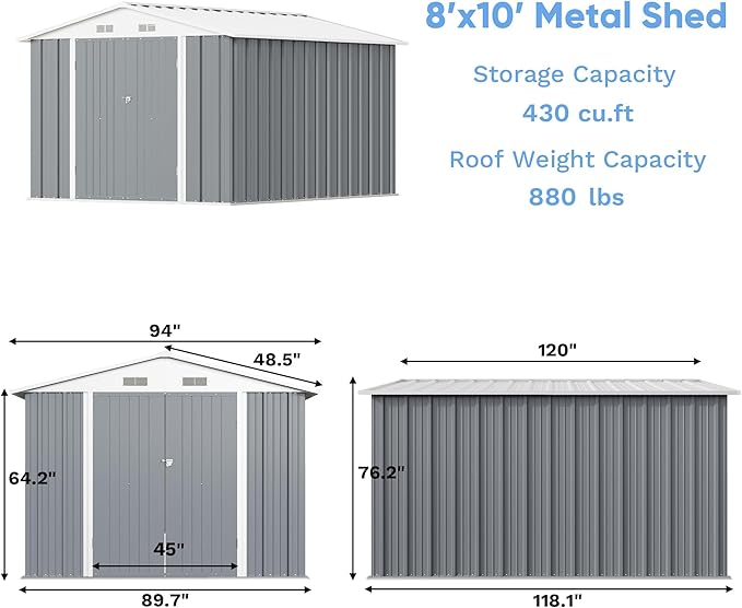 Greesum 8×10FT Outdoor Storage Shed, Metal Patio Storaged Sheds with Lockable Doors, Sheds & Outdoor Storage for Bike, Backyard, Pool and Garden, Gray