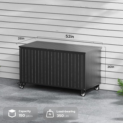 150 Gallon Outdoor Storage Box with Wheels, Metal Deck Box Waterproof, UV Resistant Patio Storage Box with Lid for Patio Furniture, Garden Tools, Outdoor Cushion (Charcoal)