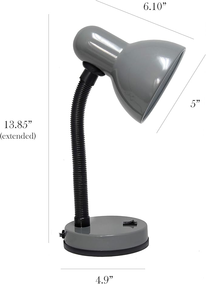 Simple Designs LD1003-GRY Basic Metal Desk Lamp with Flexible Hose Neck for Office, Living Room, Bedroom, College Dorm, Bookshelf, Gray