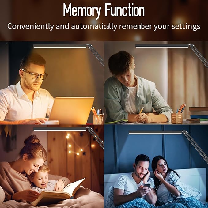 LED Desk Lamp, Manicure Table Lamp, Eye-Caring Drafting Light, Dimmable Office Table Lamp with 3 Color Modes, 10 Brightness Levels & Adapter, Memory Function(Black)