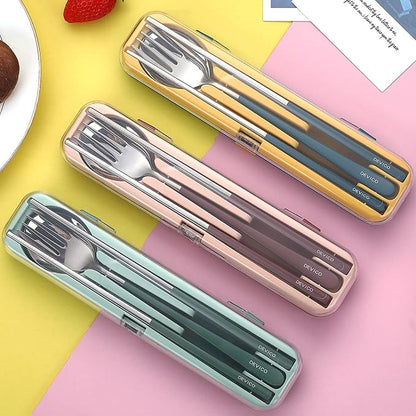 DEVICO Travel Utensils with Case, 18/8 Stainless Steel Silverware for Lunch | 4Pcs Portable Reusable Travel Cutlery Set, Korean Chopsticks Fork and Spoon Set for Camping/Picnic/Work/Gadgets/School, Green