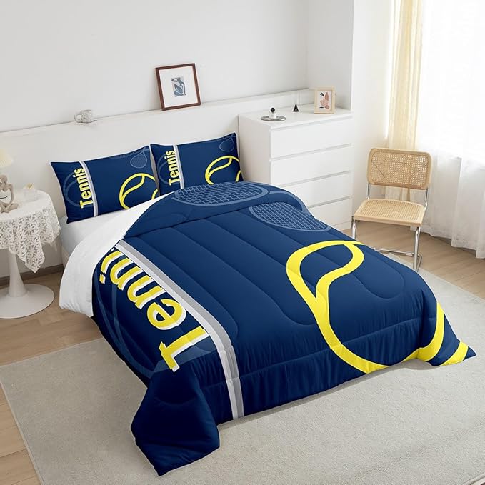 Feelyou Kids Tennis Comforter Set Queen Size Tennis Sports Bedding Set for Boys Girls Teens Bedroom Decor Tennis Gaming Comforter Blue Yellow Tennis Lovers Duvet Set with 2 Pillow Case