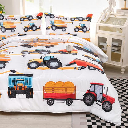 CVHOUSE Tractor Bedding Sets for Boys,Excavators Comforter Full,Boys Cartoon Truck Comforter Set,Trucks Tractors Cars Quilt Set with 1 Comforter and 2 Pillow Cases- 3 Piece
