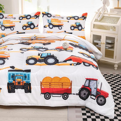 CVHOUSE Tractor Bedding Sets for Boys,Excavators Comforter Twin,Boys Cartoon Truck Comforter Set,Trucks Tractors Cars Quilt Set with 1 Comforter and 2 Pillow Cases- 3 Piece