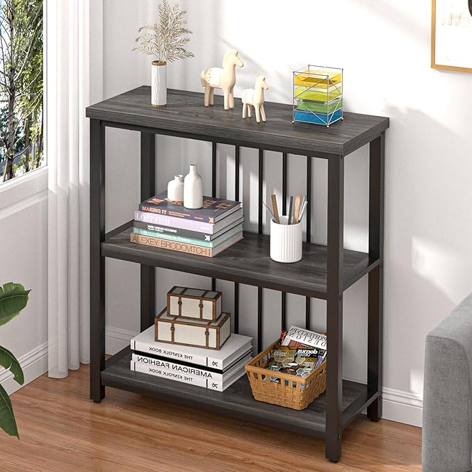 FOLUBAN 3 Tier Book Shelf, Modern Short Bookshelf for Small Space, Industrial Wood and Metal Bookcase for Bedroom, Living Room, Office (Dark Gray Oak)