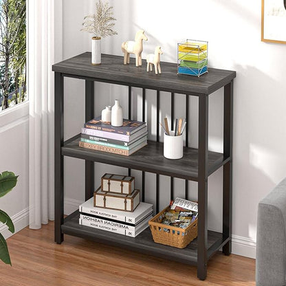 FOLUBAN 3 Tier Book Shelf, Modern Short Bookshelf for Small Space, Industrial Wood and Metal Bookcase for Bedroom, Living Room, Office (Dark Gray Oak)