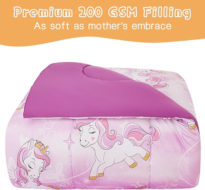 Unicorn Kids Comforter Set for Girls Twin, Cute Reversible Quilted Lavender Printed Bedding Set with Pillow Sham, Lightweight Soft Breathable Machine Washable Bed Set 2 Piece