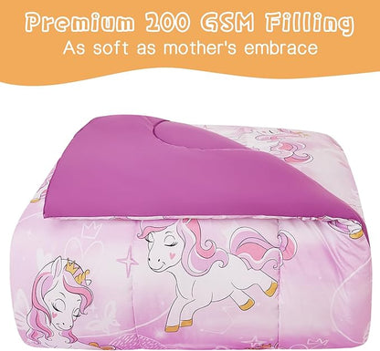 Unicorn Kids Comforter Set for Girls Full Size, Cute Reversible Quilted Lavender Printed Bedding Set with Pillow Sham, Lightweight Soft Breathable Machine Washable Bed Set 3 Piece